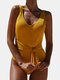 Women Belted String One Piece Rib V-Neck Wide Straps Open Back Swimwear - Yellow