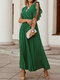 الصلبة مطوي حزام الأكمام كشكش فستان ماكسي الشيفون الخامس الرقبة - أخضر