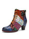 Socofy Retro Floral Embossed Leather Patchwork Lace-up Design Side Zipper Comfy Low Heel Short Ankle Boots - Blue