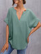Solid V Neck Short Sleeve Loose Casual Blouse - Green