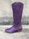 Women Pointed Toe Rivet Pattern Retro Slip On Chunky Heel Cowboy Boots - Purple