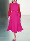 Contrast Puff Sleeve A-line Stand Collar Dress With Belt - Rosa