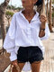 Casual Solid Color Pleated Long Sleeve Loose Cotton Shirt - White