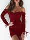 Off-shoulder Solid Color Drawstring Long Sleeve Sexy Dress For Women - Wine Red