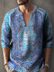 Langarm-Henley-Hemden für Herren mit Ethno-Totem-Print und gekerbtem Ausschnitt - Blau