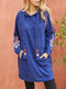 Floral Embroidered Long Sleeve Hoodie For Women - Blue