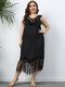 Plus Size Backless Beach Cover Up Hollow Tassel Maxi Dress - Black