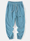 Mens Flap Pocket Design Corduroy Solid Color Drawstring Pants - Blue