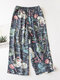 Women Animal Plant Print Casual Home Wide Legs Cropped Panty - Navy