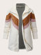 Plus Size Casual Contrast Color Patchwork Fluffy Zip Front Coat - White