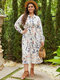 Calico Print Lapel Collar Knotted Waist Pocket Long Sleeve Plus Size Dress - Apricot