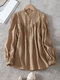 Solid Button Front Stand Collar Long Sleeve Blouse - Khaki