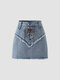Solid Frayed Lace Up Denim Skirt For Women - Blue