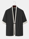 Mens Contrast Trims Patchwork Frog Button Design Textured Kimono - Black
