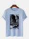 Mens Monochrome City View Japanese Print Cotton Short Sleeve T-Shirts - Blue