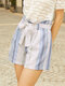 Selfsow Blue And White Stripe Print Belt Zip Shorts - Blue
