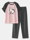 Women Cat Slogan Print Raglan Sleeve Cropped Pants Cute Cotton Pajamas Sets - Pink