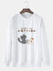Mens Cute Japanese Cat Print Crew Neck Pullover Sweatshirts - White