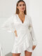 Solid Jacquard Ruffle Tie Cross Front Long Sleeve Dress - White