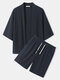 Men Japanese Style Kimono Ribbed Short Length Home Pajamas Sets - Navy