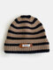Unisex Knitted Jacquard Striped Letter PU Label Fashion Warmth Crimping Brimless Beanie Hat - Khaki