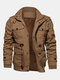 Mens Winter Fleece Warm Detachable Hooded Multi Pockets Casual Cotton Outdoor Jacket - Khaki