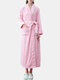 Women Flannel Thicken Long Sleeve Belted Home Robes With Pockets - Pink