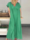 Loose Solid Color Short Sleeve V-neck Casual Dress For Women - Green
