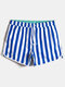 Mens Classic Striped Print Loose Quick Dry Drawstring Waist Holiday Beach Board Shorts - Blue