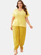 Plus Size Women V-Neck Tee Print Drawstring Tie Beam Feet Long Panty Pajama Sets - Yellow