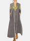 V Neck Casual Ethnic Printed Long Loose Pullover Maxi Dress - Grey