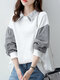 Women Lace Lapel Plaid Patchwork Long Sleeve Pullover Sweatshirt - White