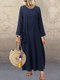 Casual Pleated Pockets Solid Cotton Plus Size Baggy Maxi Dress - Blue