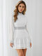 Solid Hollow Layered Long Sleeve High Neck Dress - White