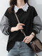 Women Lace Lapel Plaid Patchwork Long Sleeve Pullover Sweatshirt - Black