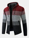 Mens Color Block Zip Front Plush Lined Knit Warm Hooded Cardigans - Red