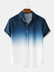 Mens Gradient Casual Short Sleeve Turn-down Collar Shirt - Dark Blue