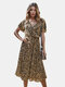 Flounces Leopard Print Short Sleeve Dress For Women - Khaki