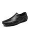 Men Stitching Plaid Low Top Comfy Sole Slip On Leather Shoes - Black