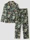 Men Faux Silk Leopard & Leaves Print Buttons Up Home Pajama Sets - Green