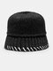 Unisex Cotton Knitted Color Contrast Woven Brim All-match Warmth Bucket Hat - Black