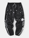 Mens Star & Skeleton Print Drawstring Black Jogger Pants - Black