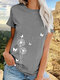 Casual Butterflies Flower Print Short Sleeve T-shirt For Women - Grey