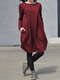 Solid Color O-neck Long Sleeves Casual Dress With Pocket - Wine Red