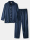 Women Striped Satin Button Up High Low Hem Smooth Pajamas Sets - Navy