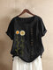 Floral Printed Short Sleeve O-Neck T-shirt For Women - Black