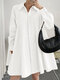 Solid Long Sleeve Lapel Button Front Casual Shirt Dress - White