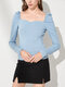 Solid Backless Puff Long Sleeve Square Collar Skinny T-shirt - Blue