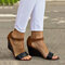 Large Size Buckle Color Block Peep Toe Slide Casual Wedges Sandals - Brown
