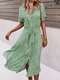 Bohemian Floral Print Lapel Button Knotted Short Sleeve Dress For Women - Green